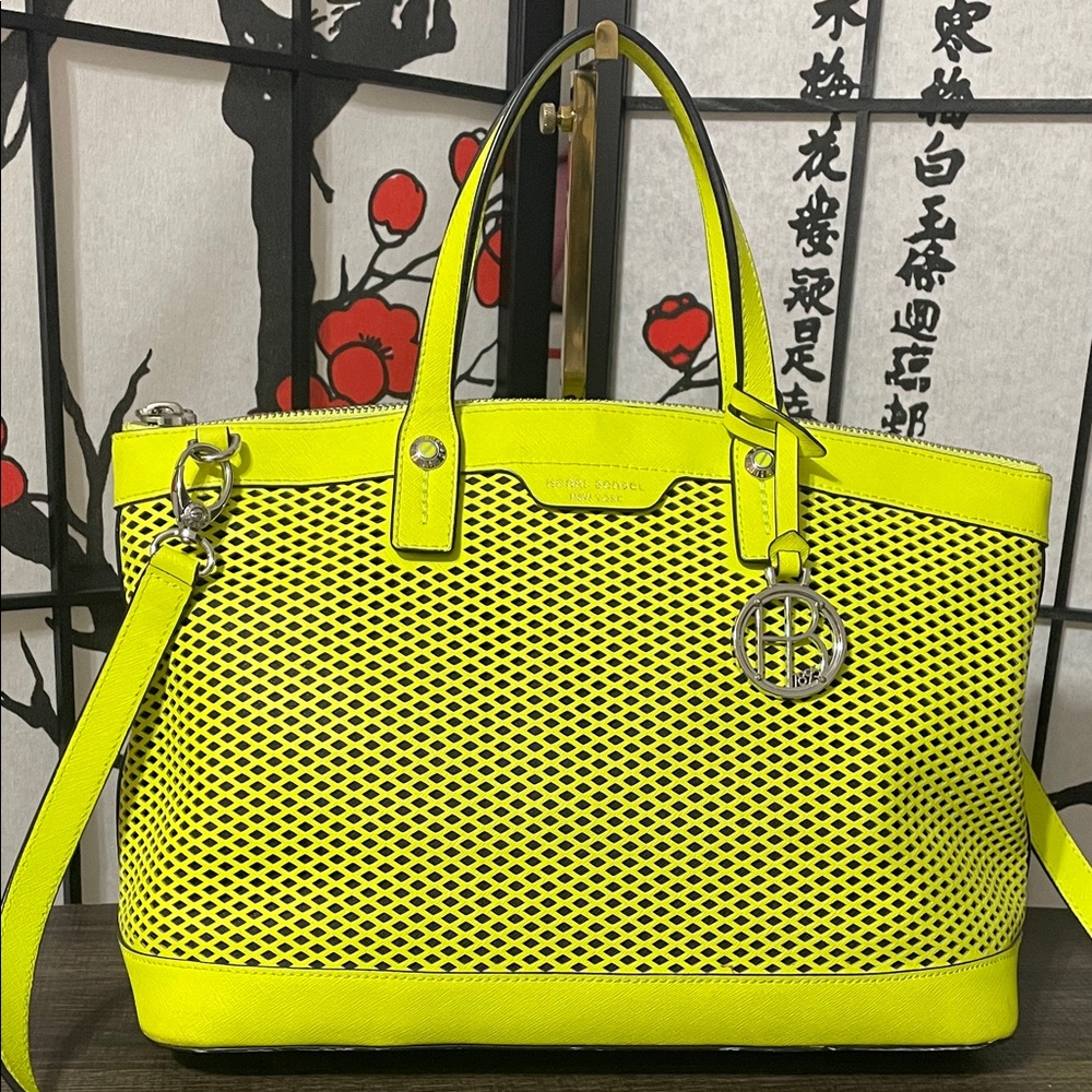 Henri Bendel Rare Neon Yellow Mesh Tote with Silver-Tone Charm